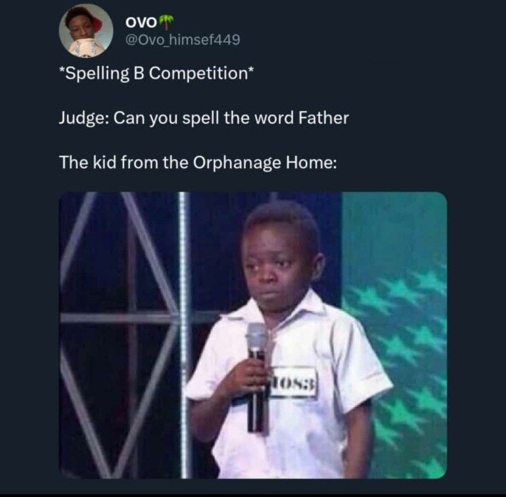 a kid holding a microphone in front of a screen with the caption saying spelling b competition judges can you spell the word father?