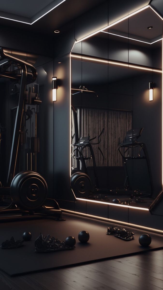 an exercise room with mirrors and treadmills on the floor in front of it