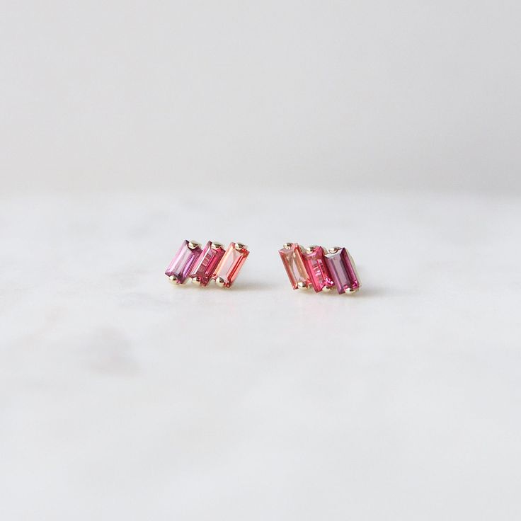 EAR-14K 14k Yellow Gold Mixed Pink Baguette Bar Earring Baguette Earring, Bar Earring, Suzanne Kalan, Pink Topaz, Bar Earrings, Post Earrings, Topaz, Fine Jewelry, Yellow Gold