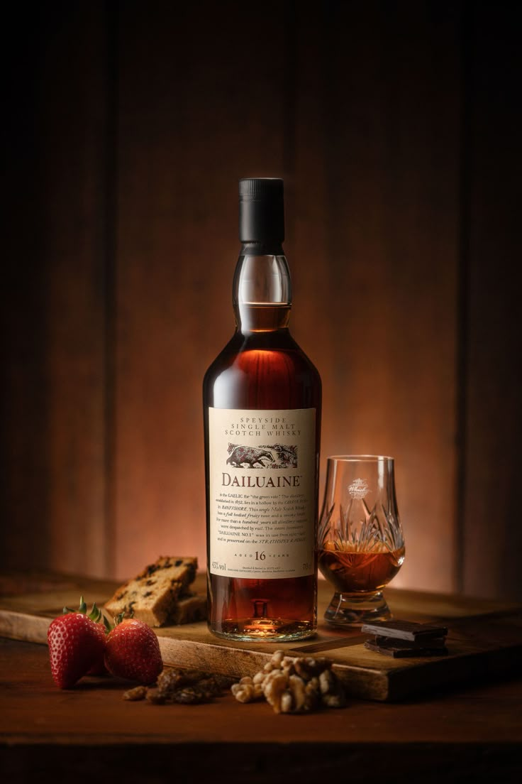 a bottle of whisky sitting next to a glass on top of a wooden table with nuts