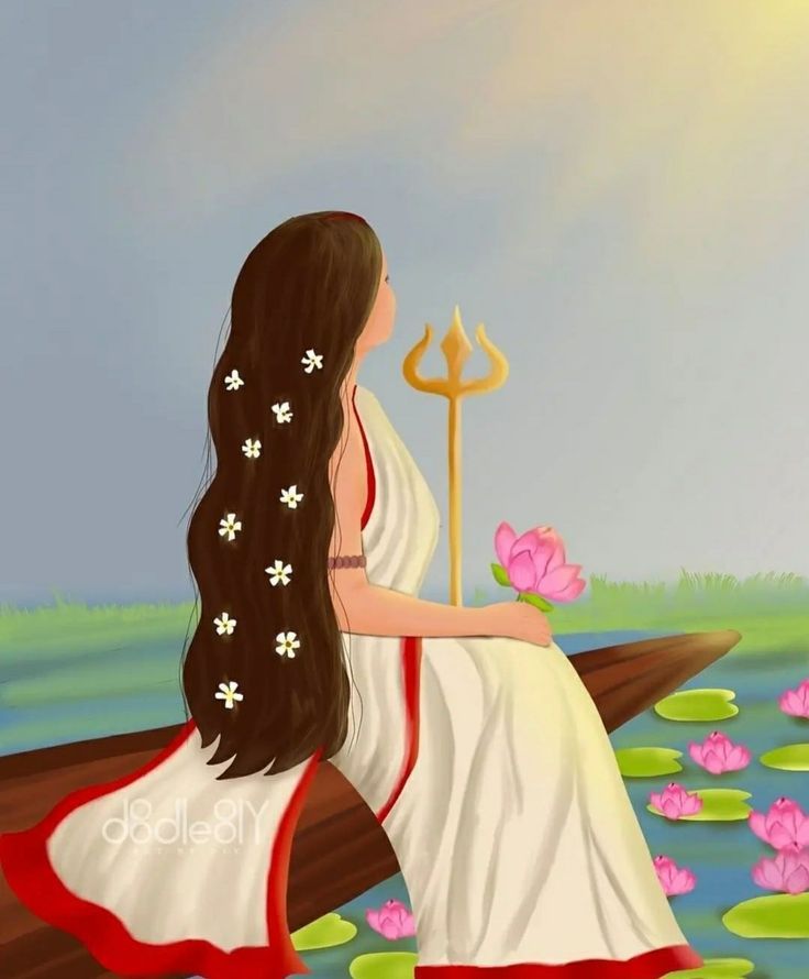 a painting of a woman sitting on a boat in the water with lily pads around her