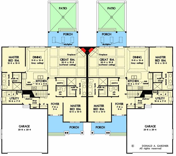 the first floor plan for a home with multiple levels and three bathrooms, including two master suites