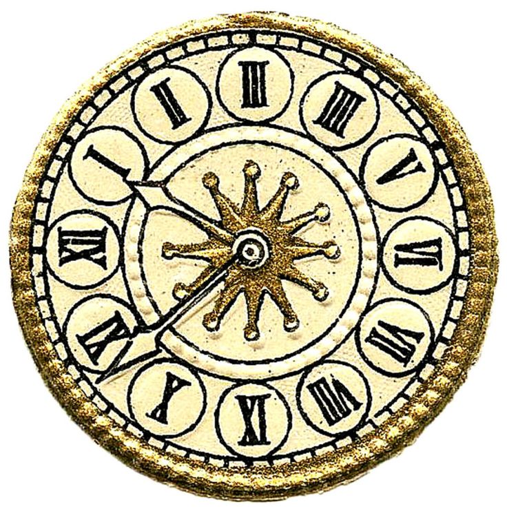 an old clock with roman numerals on it's face is shown in gold and black