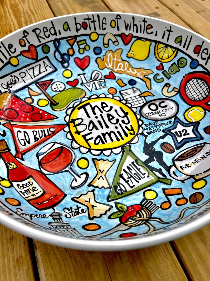 a plate with the words van erps family painted on it and pictures of dogs, cats, hamburgers, hotdogs, ketchup, and more