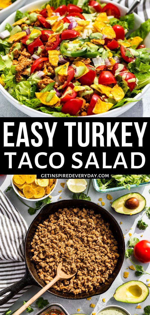 easy turkey taco salad with lettuce, tomatoes and avocado on the side