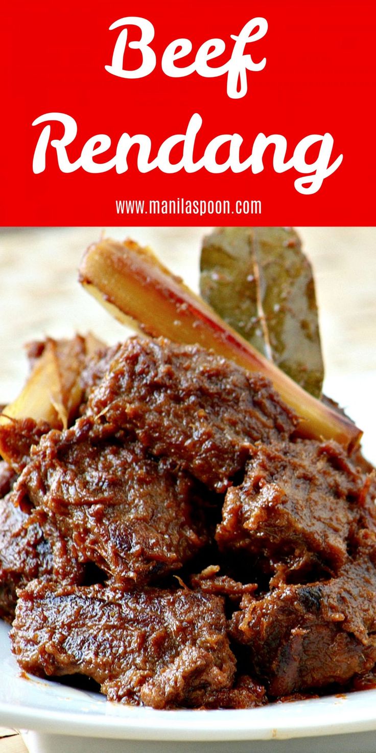 beef rendang on a white plate with an apple in the foreground and text overlay that reads beef rendang