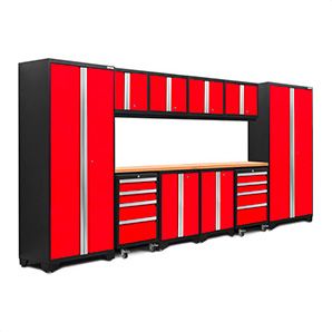 a red and black garage cabinet with two doors on one side and three drawers on the other