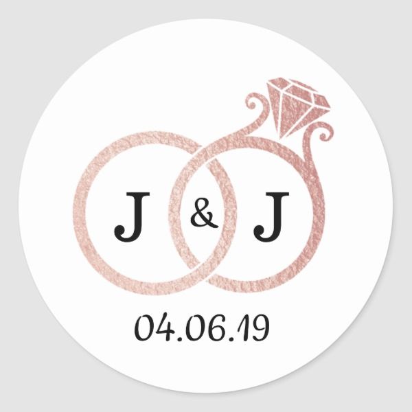 wedding stickers with two rings and diamond on the middle, in pink glitters