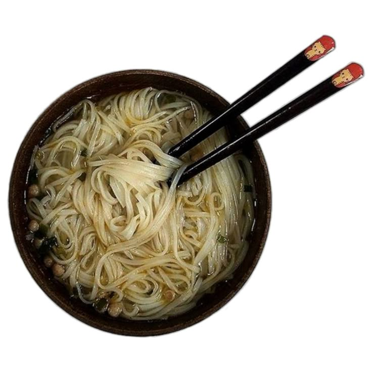 two chopsticks sticking out of a bowl of noodles