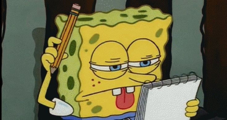 spongebob holding a pencil and paper in his right hand while looking at it