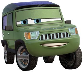 a green jeep with big eyes on the front