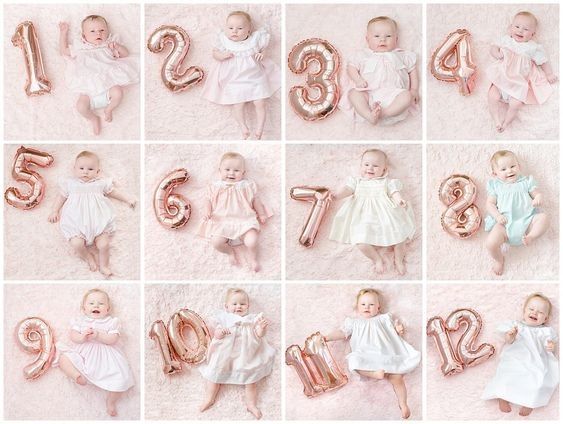 a collage of baby photos with balloons and numbers