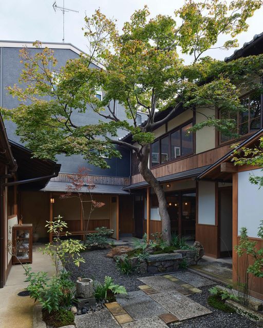 an outdoor courtyard with trees and rocks in the foreground