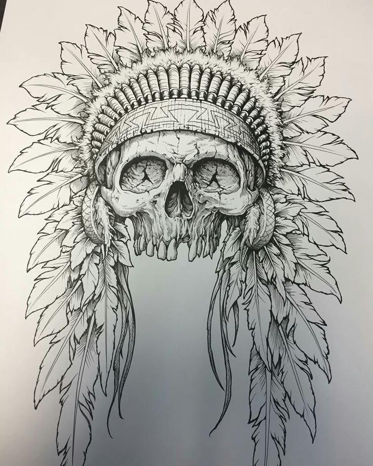 Native Skull Tattoo Design, Native American Skeleton Tattoo, Native American Chief Drawing, Mikmaq Tattoo, Indian Back Tattoo, Indian Skull Drawing, Skull And Headdress Tattoo, Indian Headdress Drawing, Native Skull Tattoo