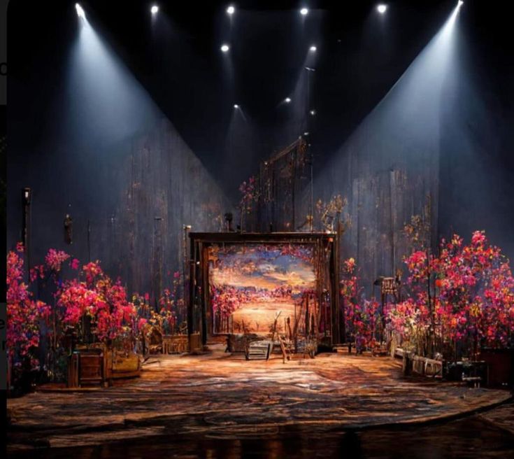 an empty stage with flowers on it