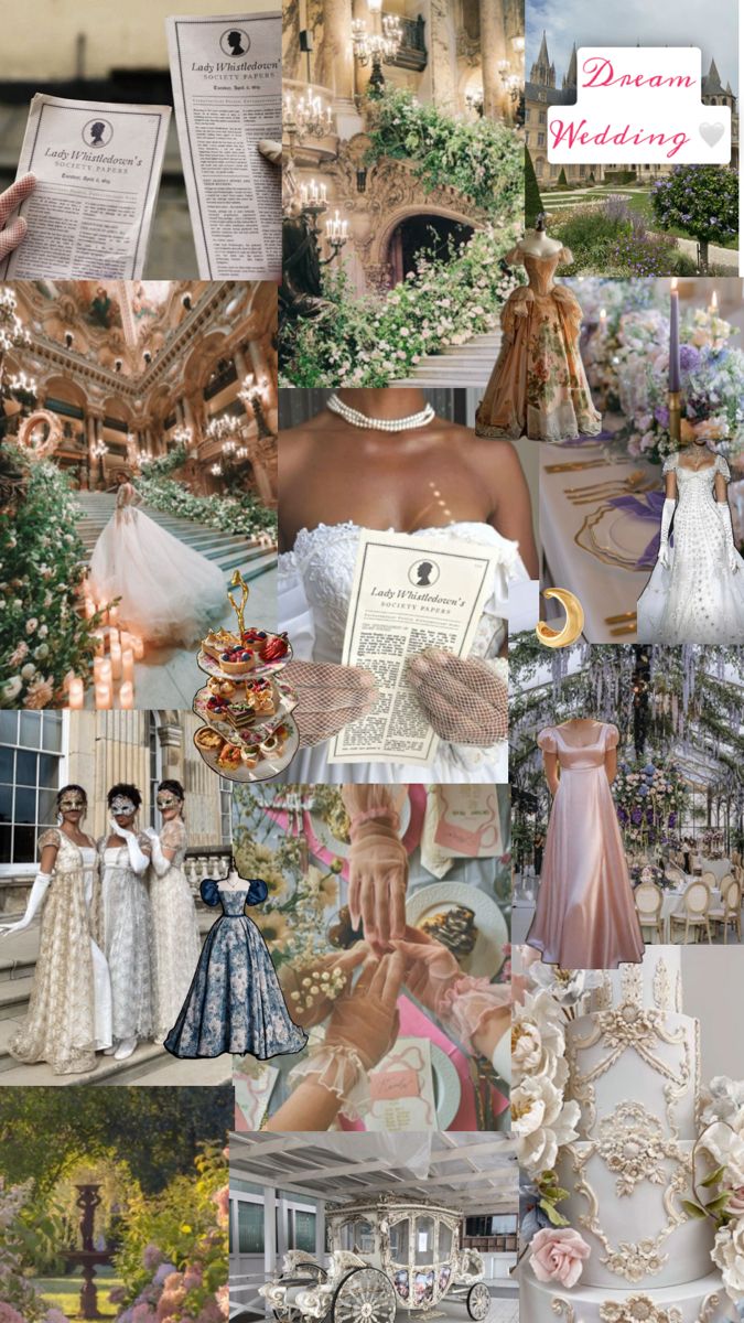 the collage shows many different types of wedding gowns and accessories, including dresses