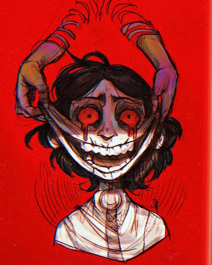 a drawing of a creepy clown with red eyes and hands on his head, in front of a red background