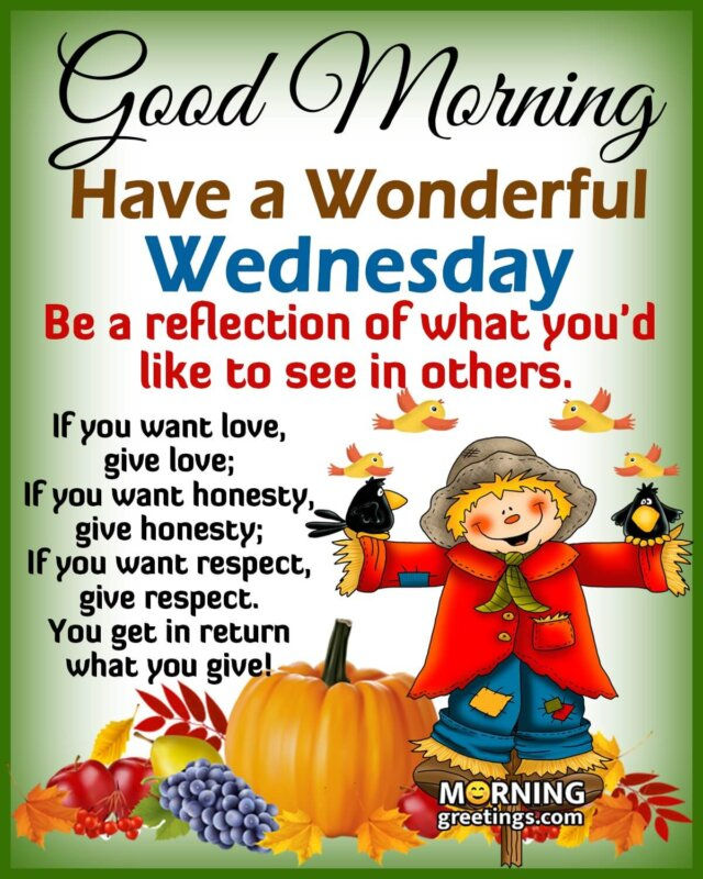 a poster with the words good morning have a wonderful wednesday be a reflection of what you'd like to see in others