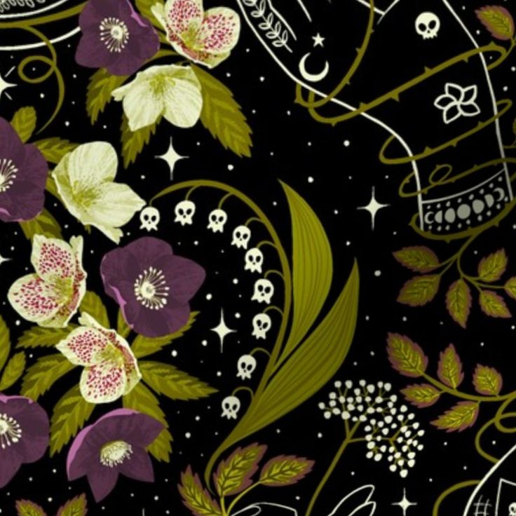 a black background with flowers and skulls on it