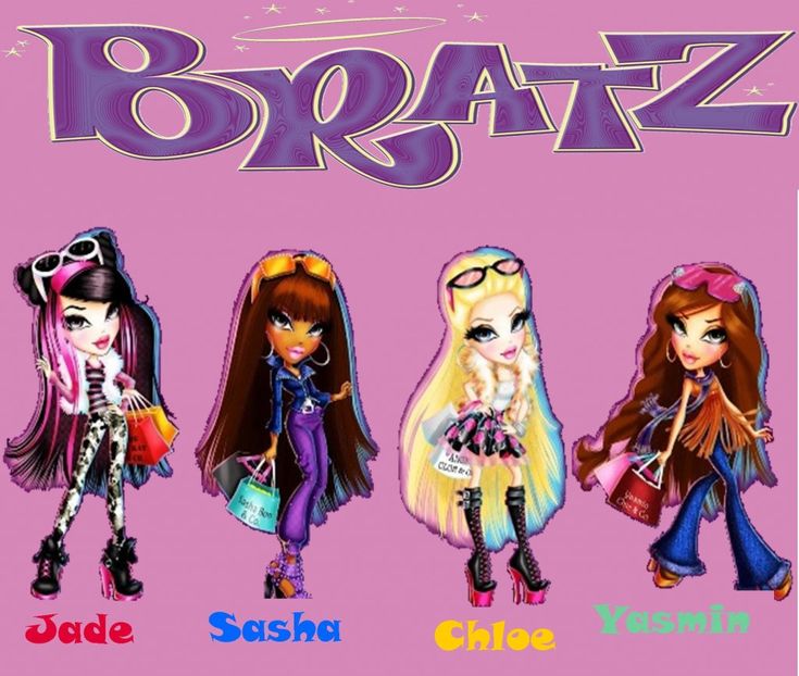 three cartoon girls with long hair and glasses on their heads are standing in front of the word bratz