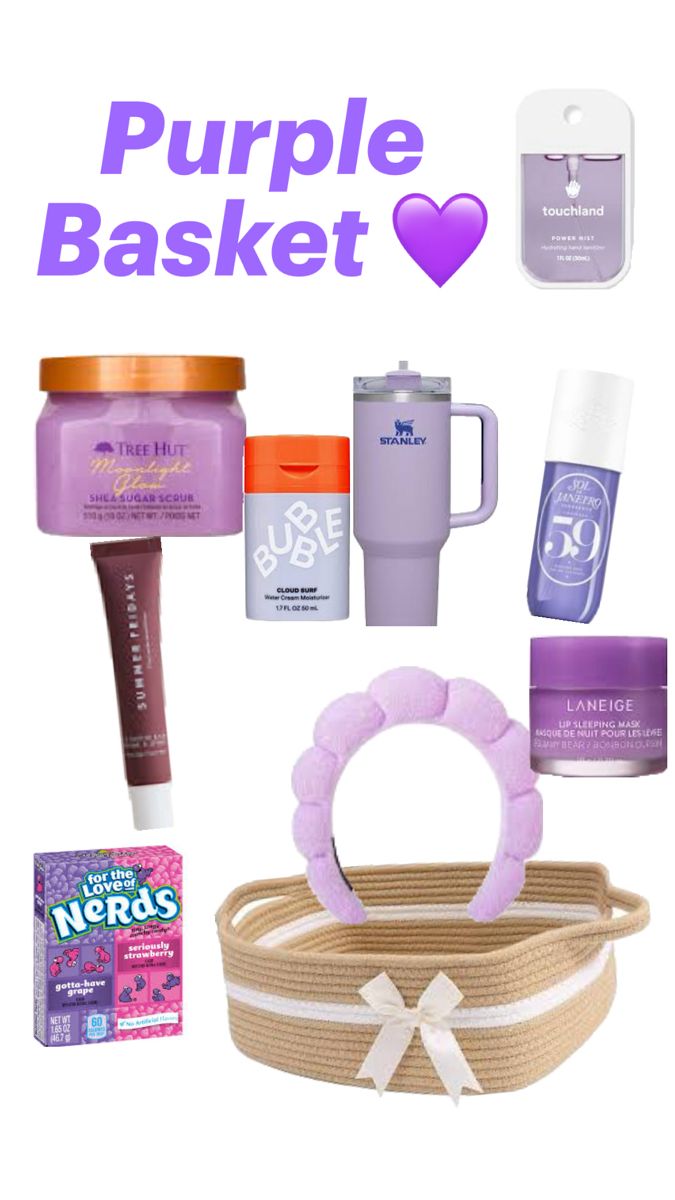 the purple basket is full of beauty products and other things to put in it for someone's special occasion