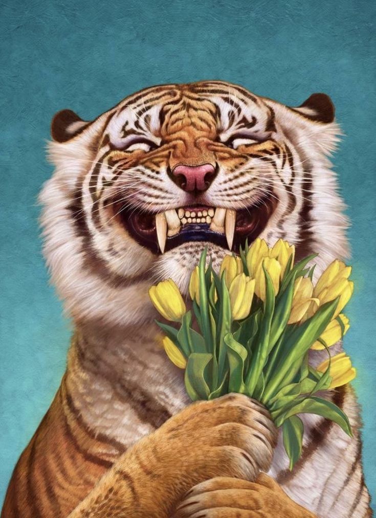 a painting of a tiger holding flowers with its mouth open