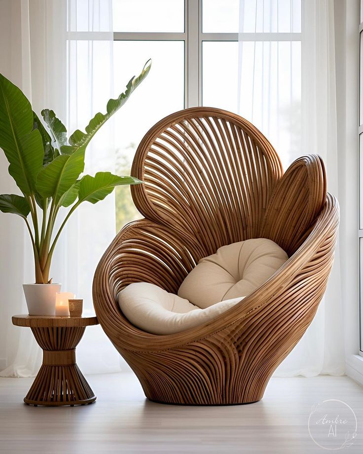 a wicker chair sitting in front of a window next to a potted plant