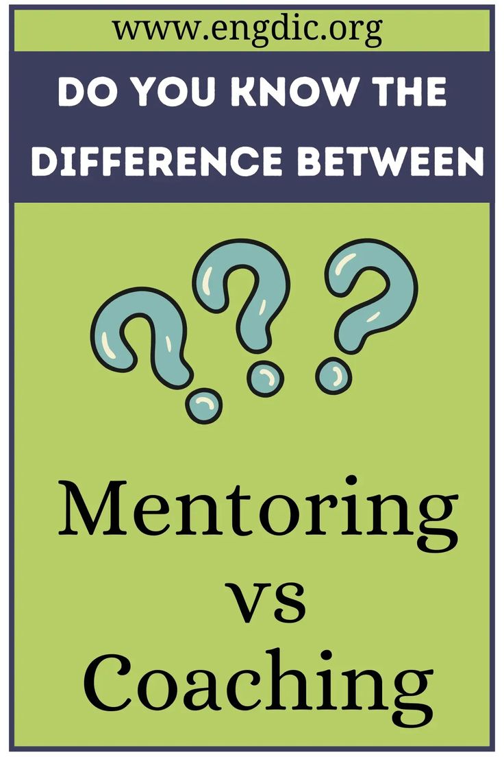 a green poster with question marks on it and the words mentoring vs coaching below