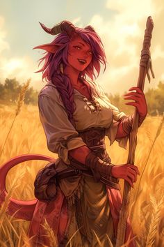 a woman with purple hair holding a stick in a field full of tall brown grass