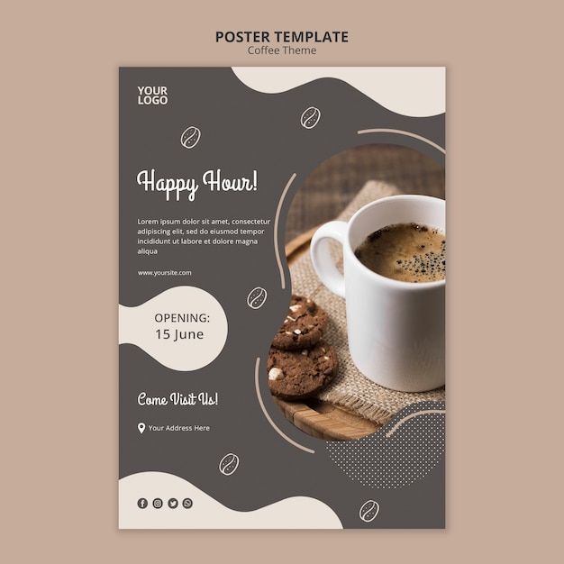 a coffee shop flyer template with a cup of coffee and cookies on the table next to it