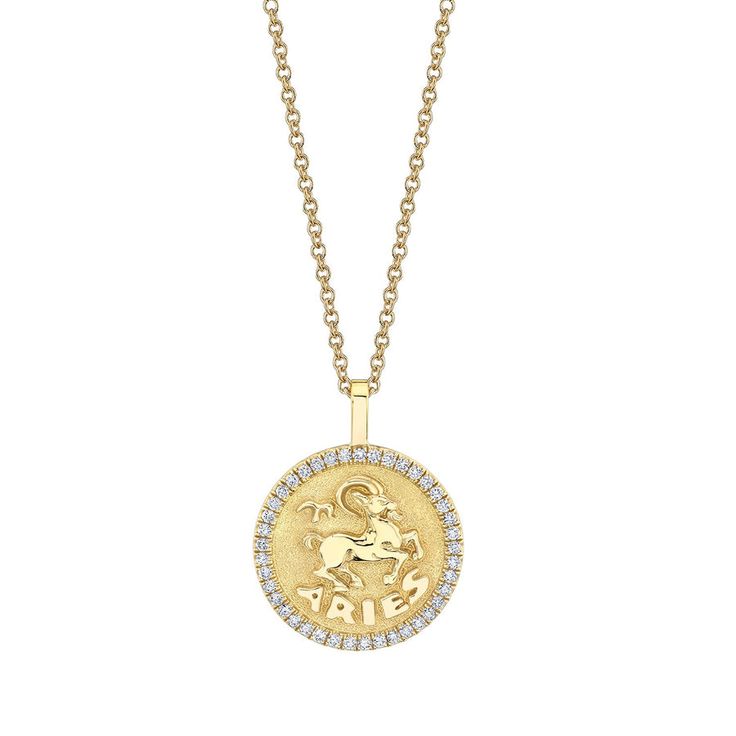 18k gold ARIES zodiac coin pendant with diamond frame.  .48cts diamonds  20 inch chain with loops at 18 and 16 inch.  *Custom engraving available please email info@anitako for more information.  #AKZC-ARI Anita Ko Jewelry, Aries Pendant, Anita Ko, Diamond Frame, Fine Diamond Jewelry, Diamond Free, Zodiac Pendant, Aries Zodiac, Zodiac Necklaces