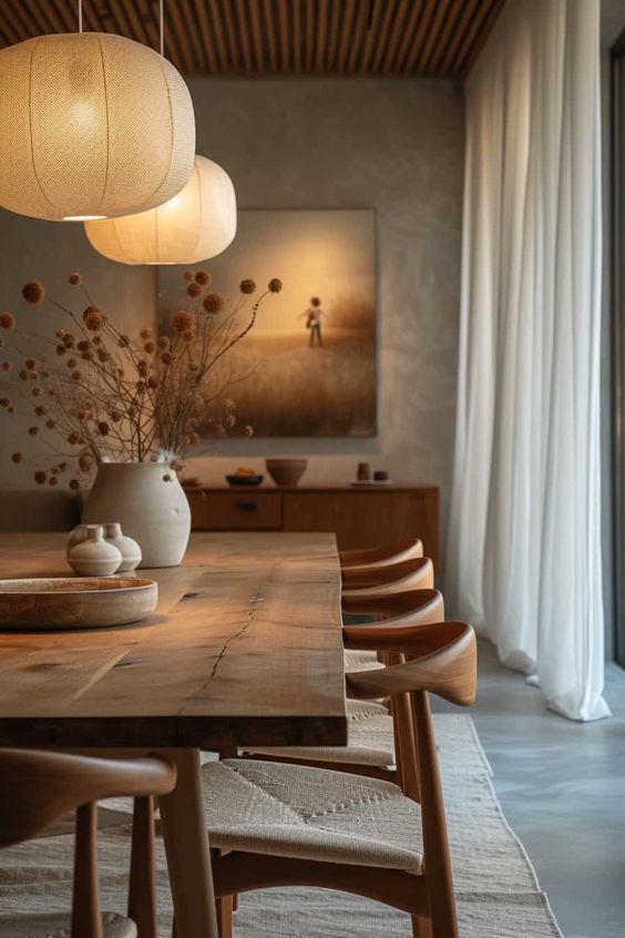 a wooden table with chairs and vases on it