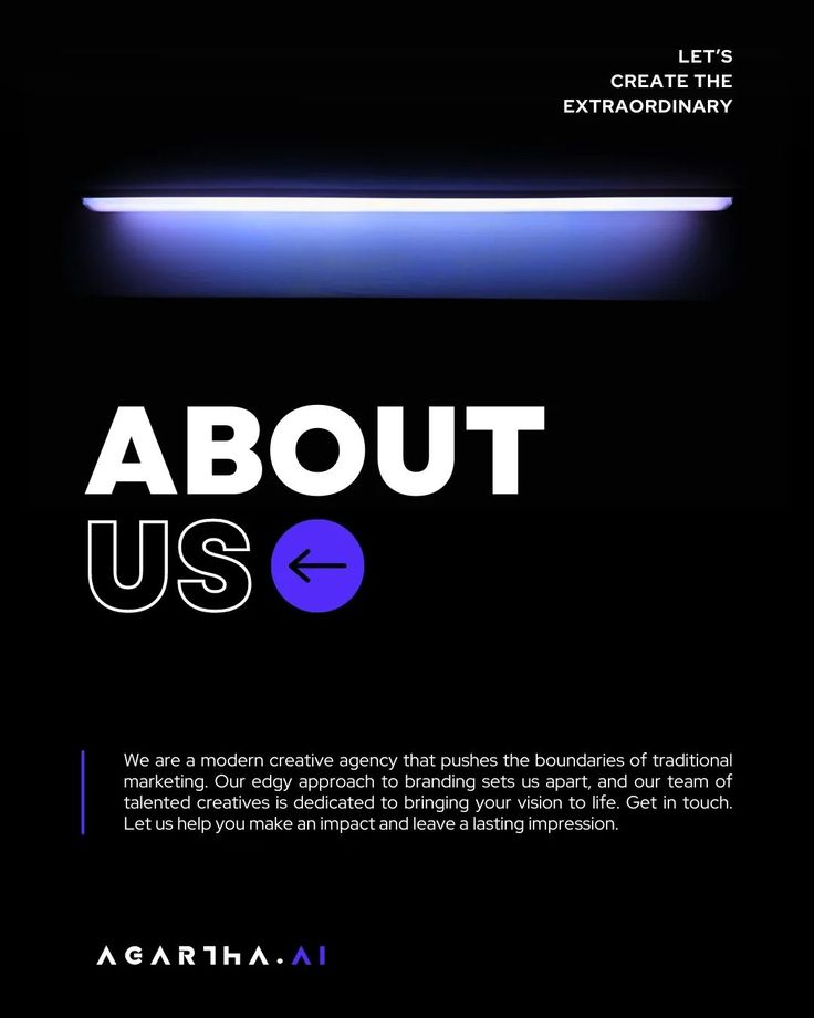 an advertisement with the words about us in white and blue on black, against a dark background