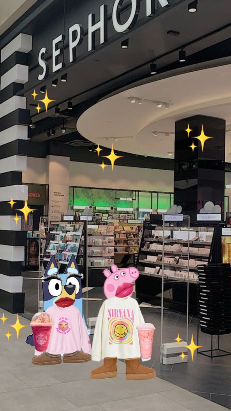 two cartoon characters are standing in front of sephora