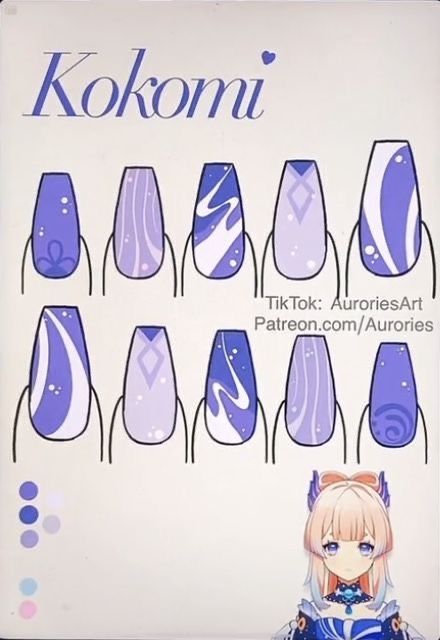 Kokomi Nail Art, Genshin Impact Acrylic Nails, Kokomi Nails Genshin, Genshin Impact Nails Art, Genshin Impact Inspired Makeup, Genshin Impact Nails Design Kaeya, Cute Anime Nail Designs, Genshin Nail Ideas, Genshin Nail Design