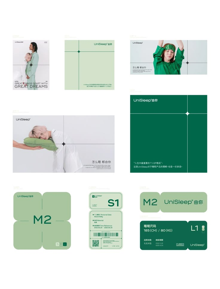 various business cards and envelopes are displayed on a white surface, including green paper