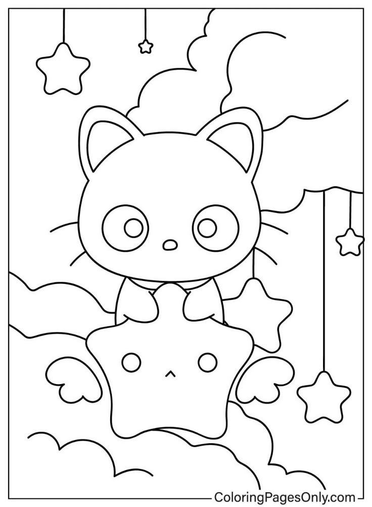 a coloring page with an image of a cat holding a star