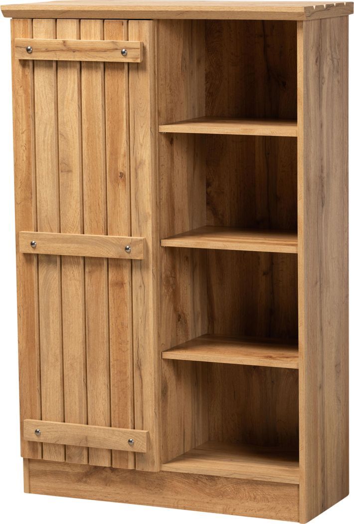 a wooden bookcase with three shelves and two doors on the front, one door open