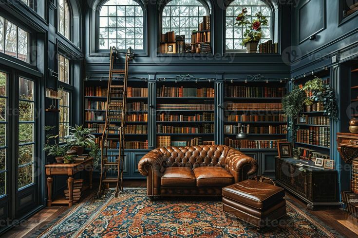 an old fashioned library with leather couches and bookshelves in the middle, surrounded by large windows