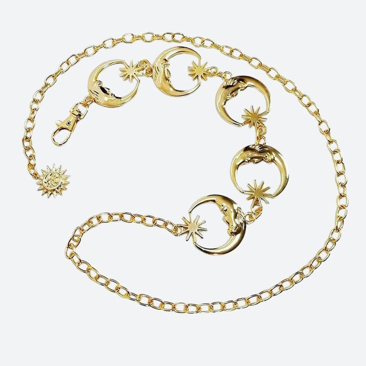 The Moon Belly Chain brings celestial elegance to your wardrobe. Crafted from polished metal, this belt features alternating sun and moon charms that create a striking visual contrast. Its adjustable length ensures a comfortable fit, making it the perfect statement piece to complement high-waisted jeans, skirts, or dresses. Add a cosmic flair to your everyday style with this unique accessory. Moon & star shaped pendant design Boho style Adjustable size Lobster claw closure Metal Fall Sweaters For Women, Denim Hoodie, Jogger Pants Casual, Long Bodycon Dress, Bubble Skirt, Corsets And Bustiers, Belly Chain, Strapless Tops, Moon Charm