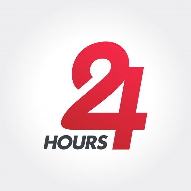 the number twenty four hours sign is red and black on a white background that says, 24 hours