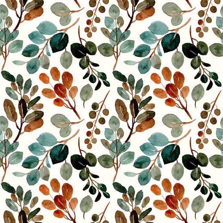 watercolor leaves and berries pattern on white background with red, green, blue, orange colors