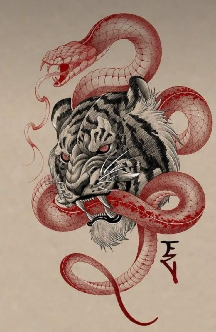 a drawing of a tiger with a snake on it's back