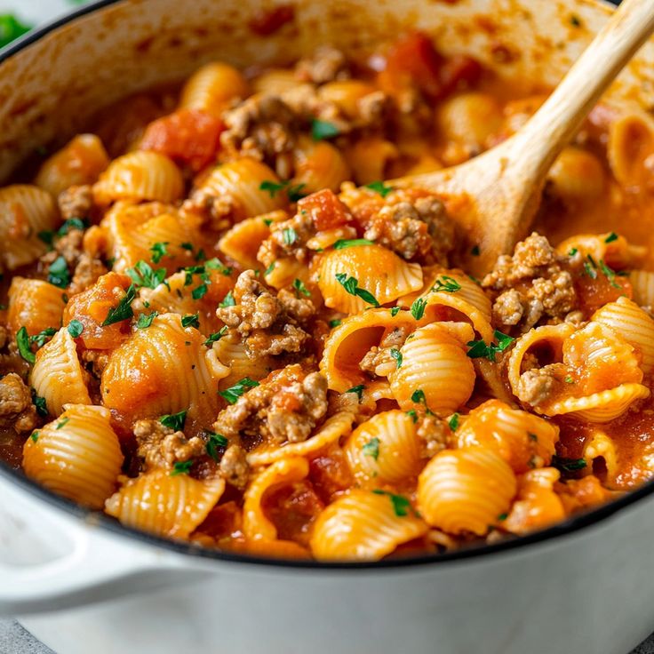 a skillet filled with pasta and meat in tomato sauce next to a wooden spoon