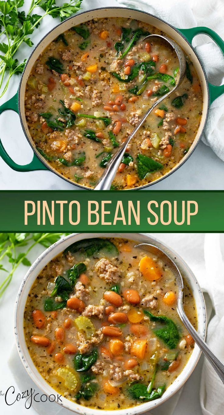 pinto bean soup in a pot with mixed vegetables Fresh Pinto Beans Recipes, Pinto Bean Soup Crockpot, Instant Pot Bean Soup Recipes, Dry Pinto Beans Recipe, Leftover Pinto Bean Recipes, Dried Pinto Bean Recipes, Bean Soup Recipes Healthy, Vegan Pinto Bean Soup, Healthy Bean Soup