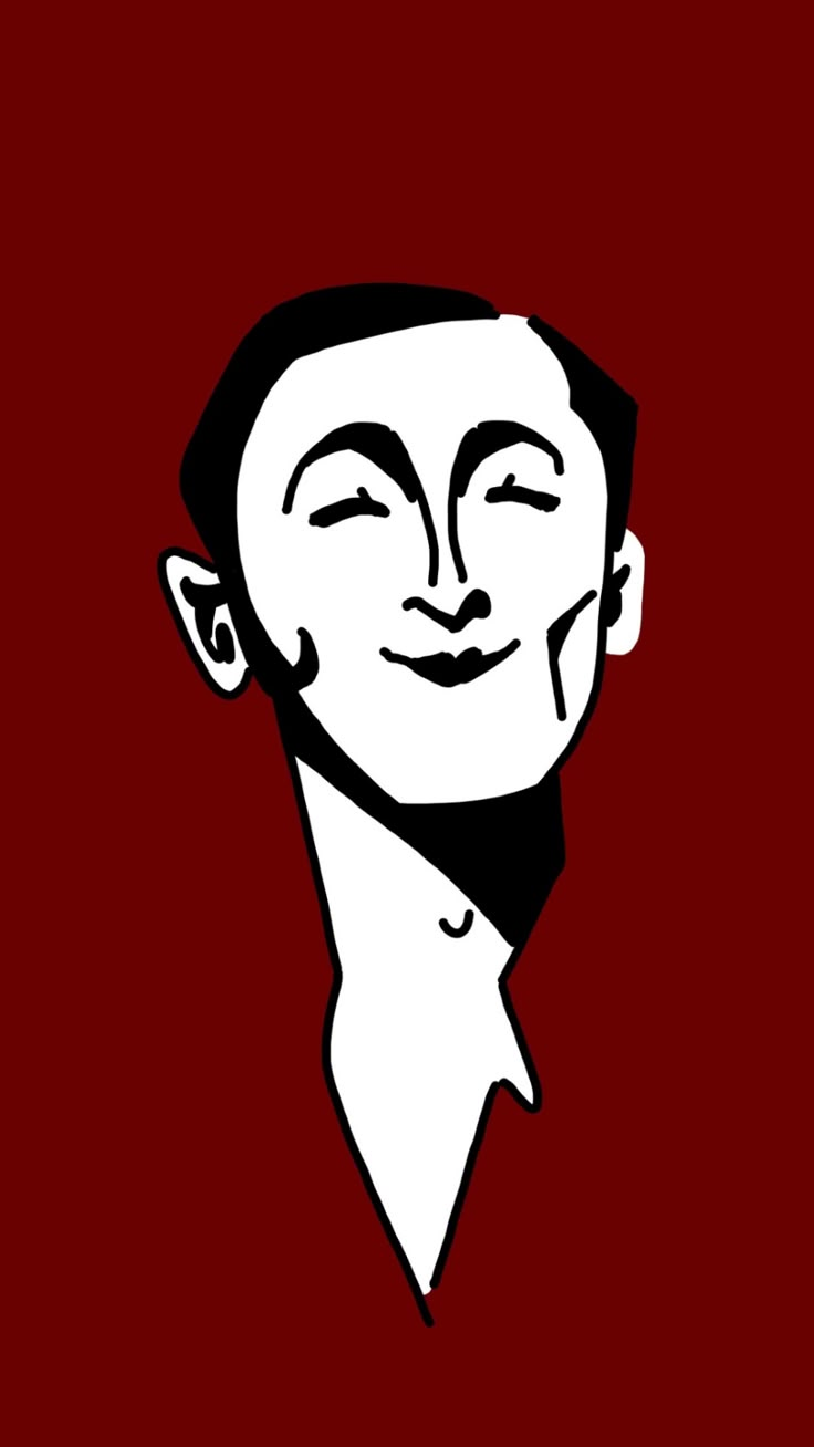 a black and white drawing of a man's face with his eyes closed on a red background