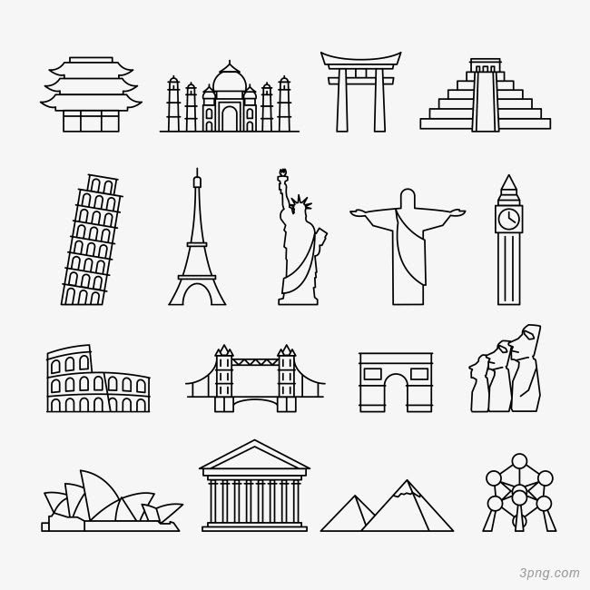 the world famous landmarks and monuments in black and white