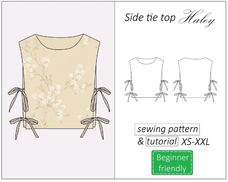 the front and back of a sewing pattern for a sleeveless top with bow ties