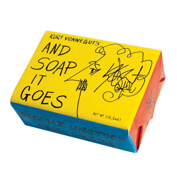 a yellow and blue box with writing on it that says,'just cowerbutt's and soap it goes '