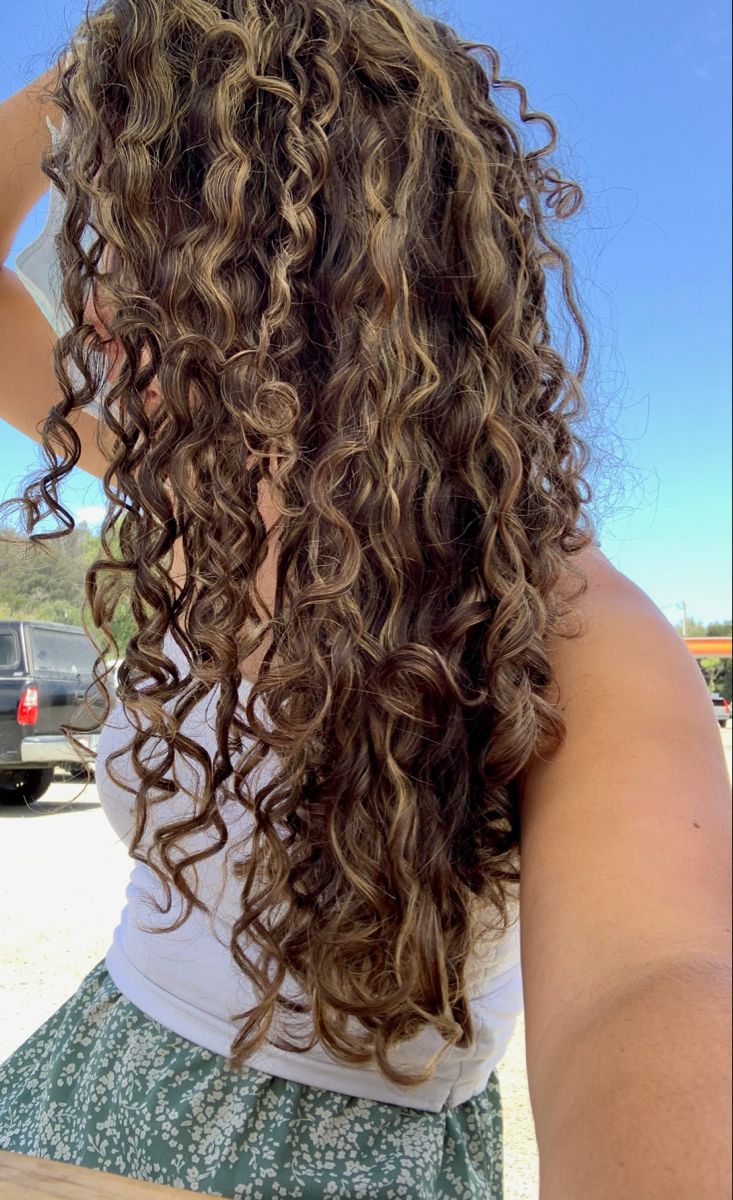 Highlighted curly hair Highlighted curly hair, curly hair inspo, 3a curls, honey highlights, long curly hair Blonde Highlights Curly Hair, 3a Curls, Honey Highlights, Highlights Curly, Dark Curly Hair, Dyed Curly Hair, Natural Curly Hair Cuts, Highlights Curly Hair, Brown Curly Hair